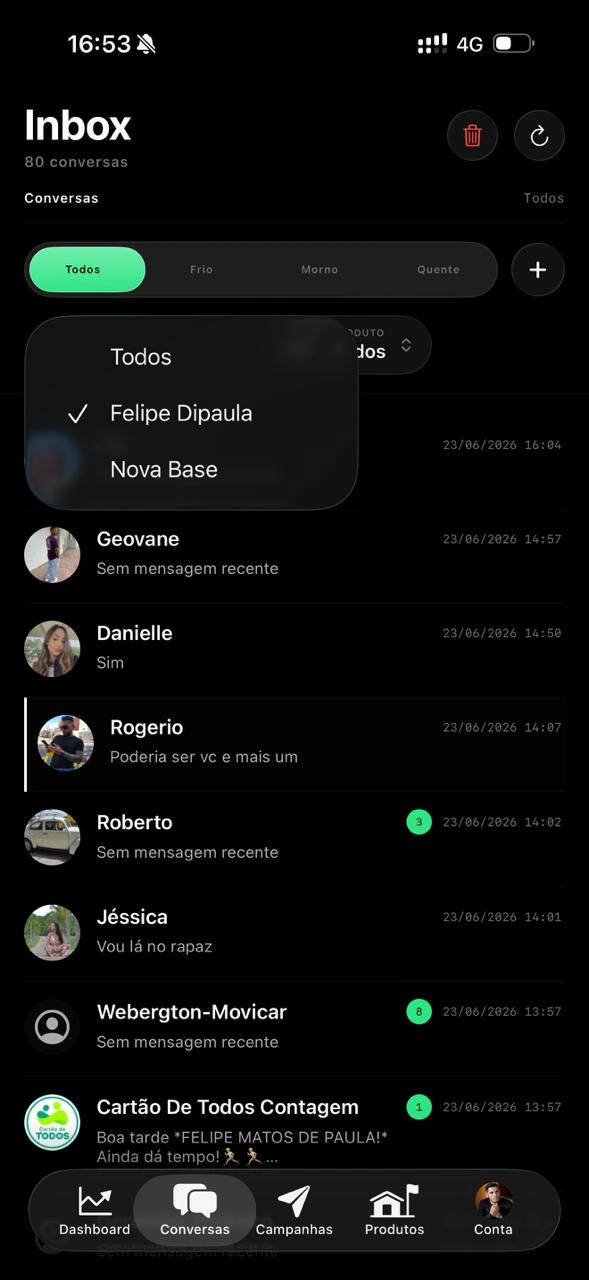 Inbox com listagem de conversas e sincronização