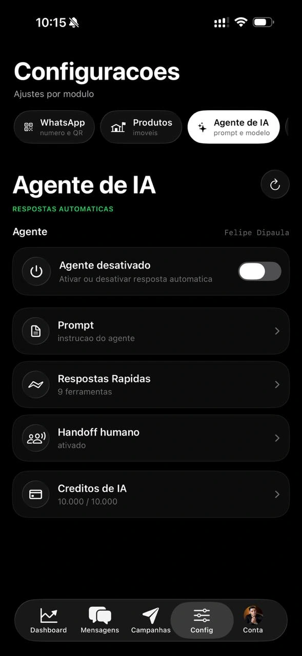 Configurações do Agente de IA no mAI Zap